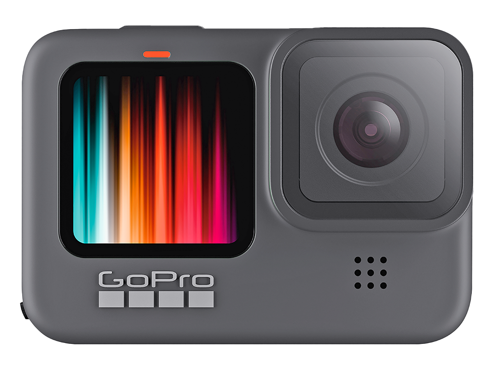 Cámara GoPro. Cuerpo gris, lente negra. Pantalla colorida. Fondo negro.