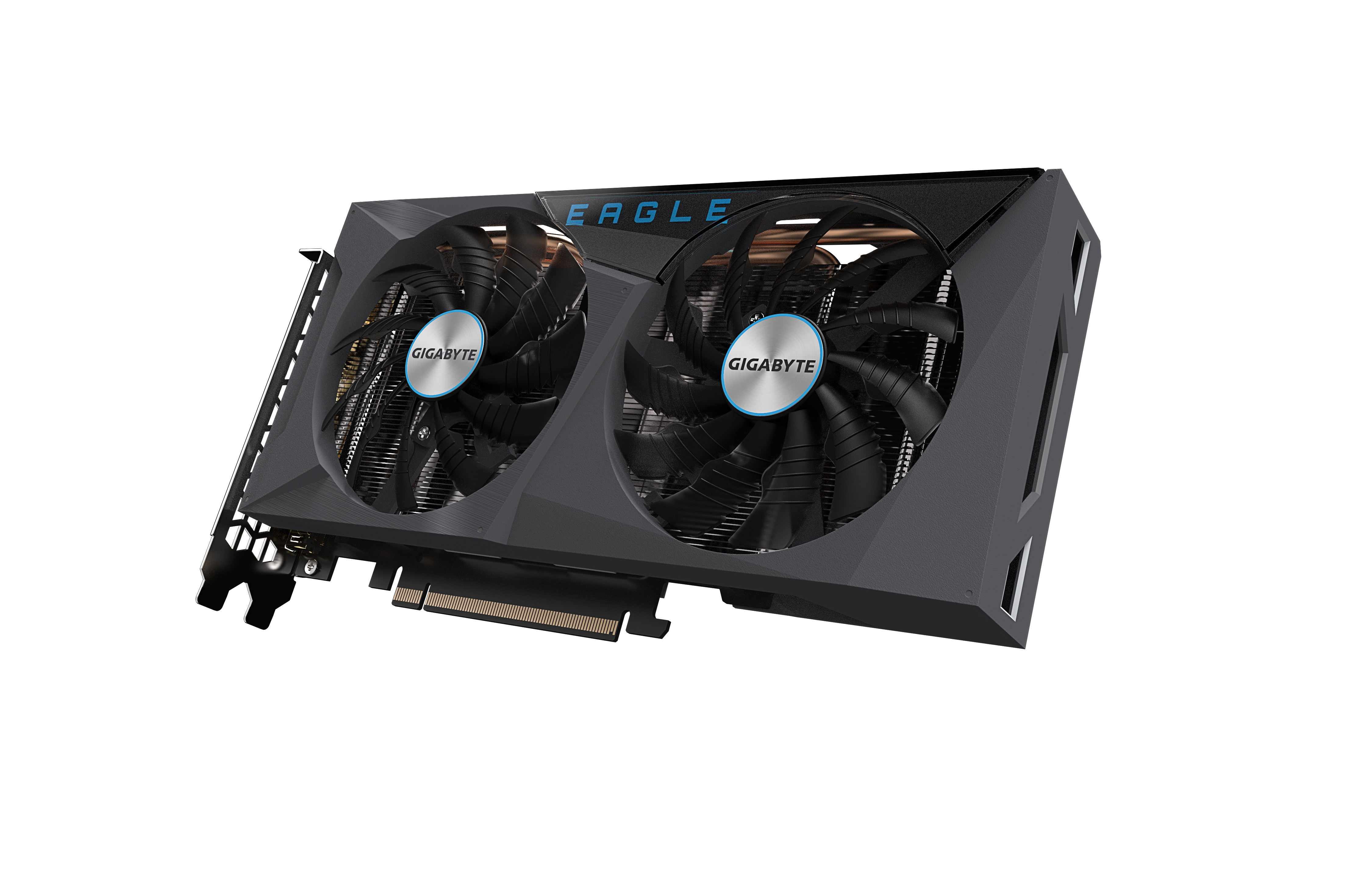 Eine Gigabyte Eagle Grafikkarte mit zwei Lüftern, grauen und teal Akzenten.