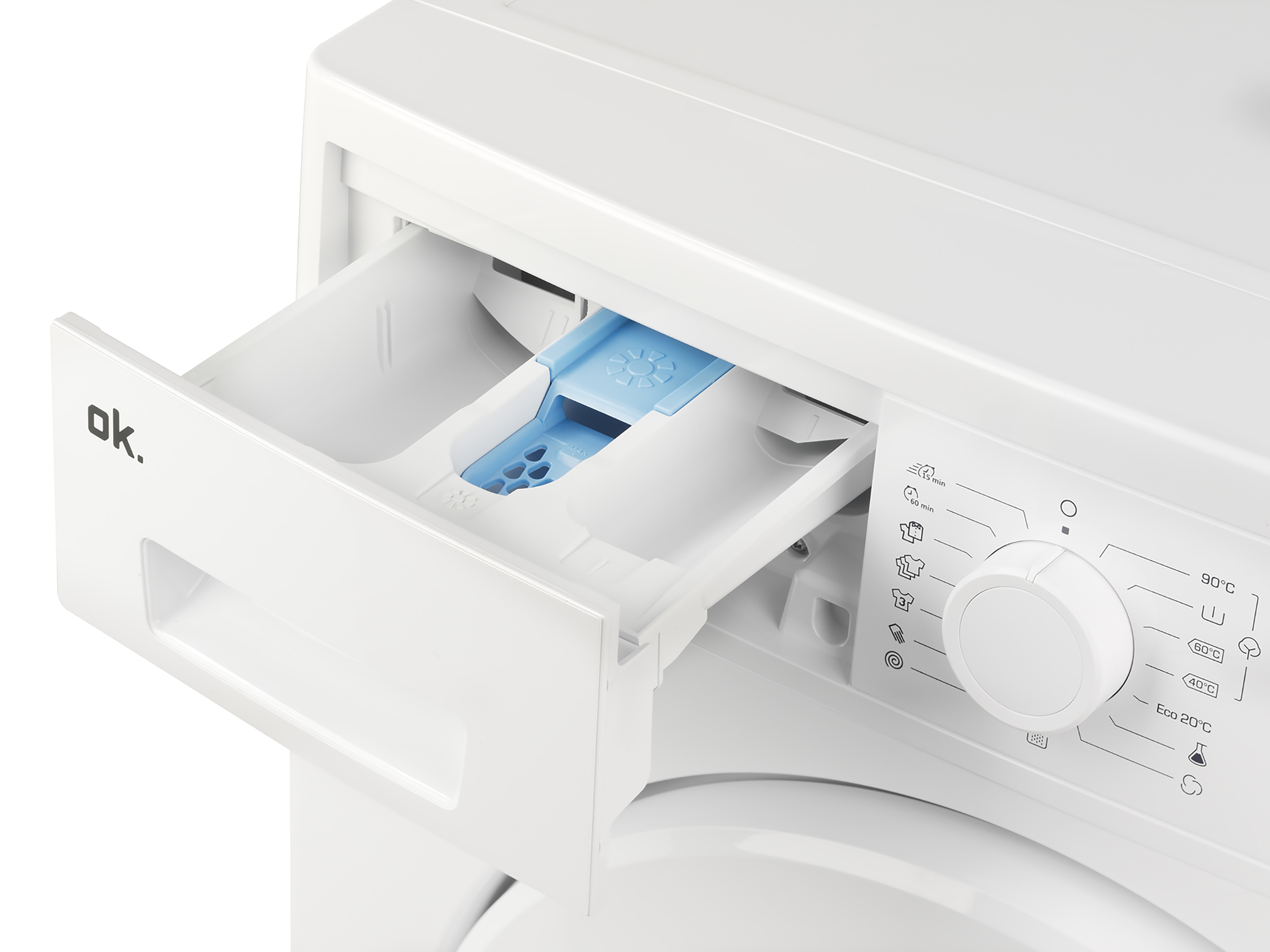 Een witte wasmachine met de wasmiddellade open, onthult een blauw compartiment. Draaiknop en pictogrammen zichtbaar.