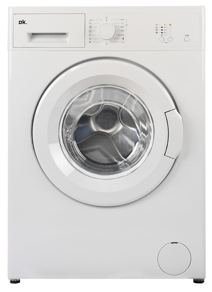 Een witte wasmachine met een ronde deur en bedieningspaneel. Het merk is 'ok.'. De machine is schoon en modern.