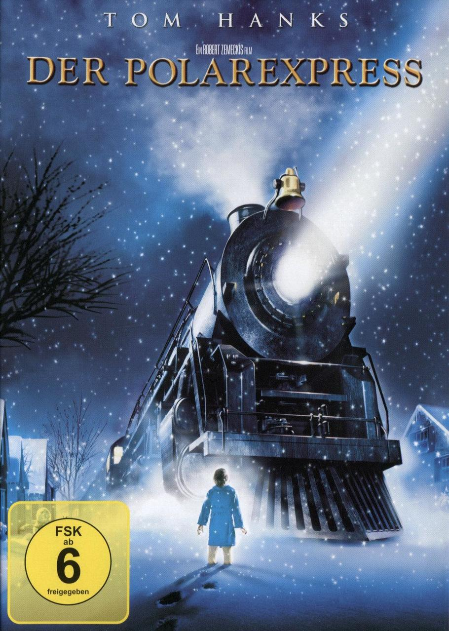 Filmplakat: Ein Zug bei Nacht, mit einem jungen Jungen in einem blauen Mantel. Schnee und Sterne sind sichtbar.