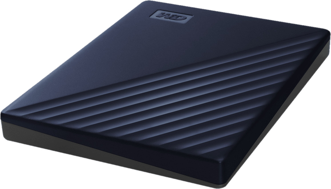 Black, rectangular hard drive. WD logo in upper left.