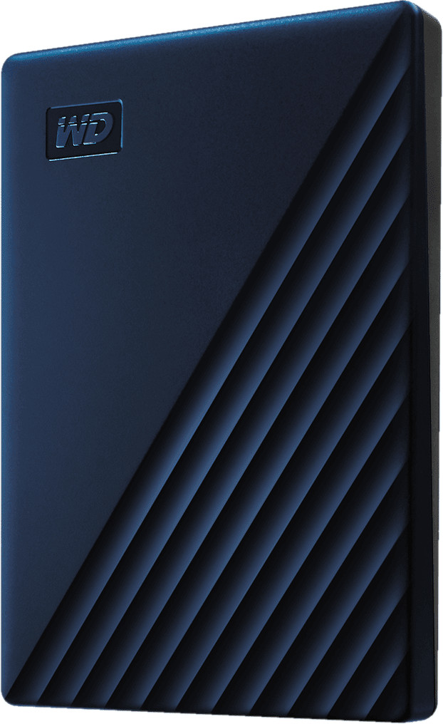 Navy blue, textured external hard drive with the WD logo.