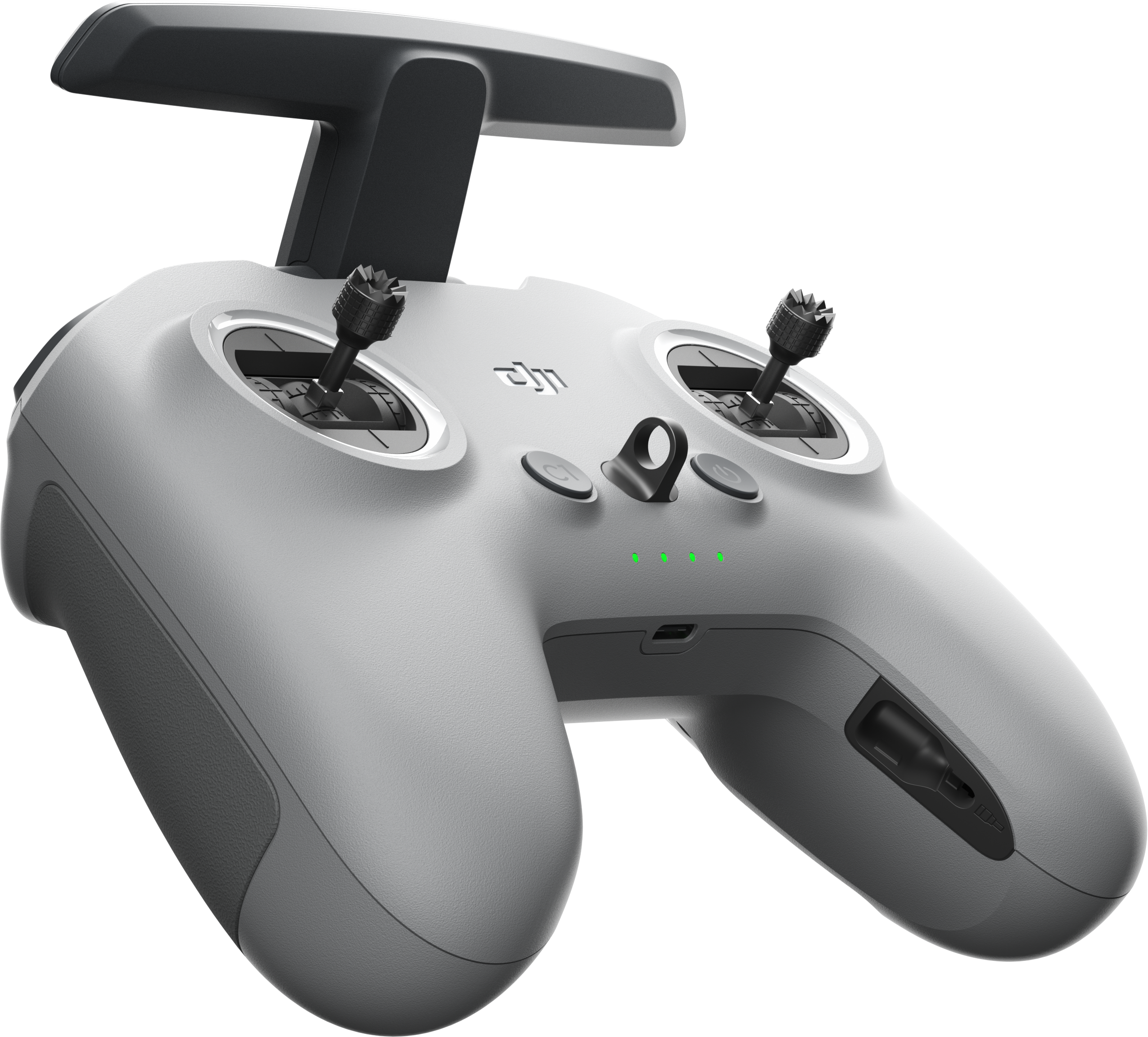 Graue Drohnen-Fernbedienung mit zwei Joysticks und Knöpfen.