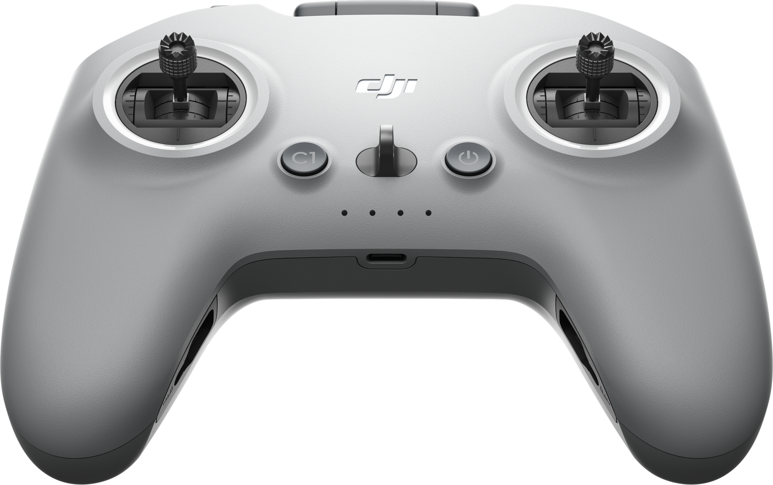 Grauer DJI-Drohnen-Controller mit Joysticks, Knöpfen und dem DJI-Logo. Weißer Hintergrund.