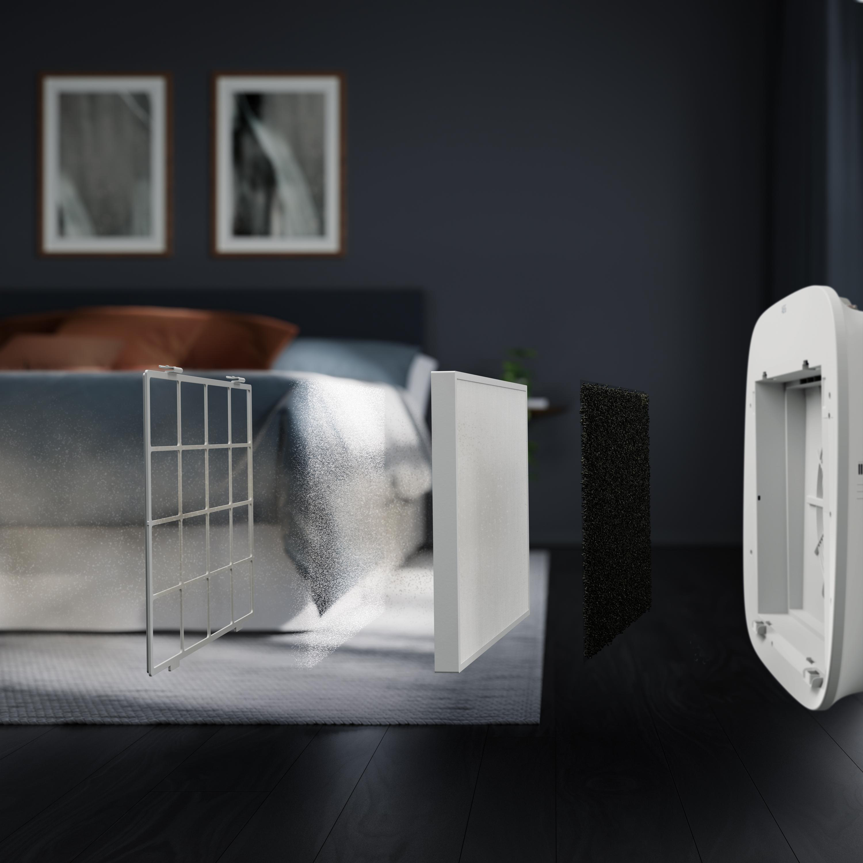 Luftreiniger-Komponenten in einem Schlafzimmer, Filter und Gerät zeigend.