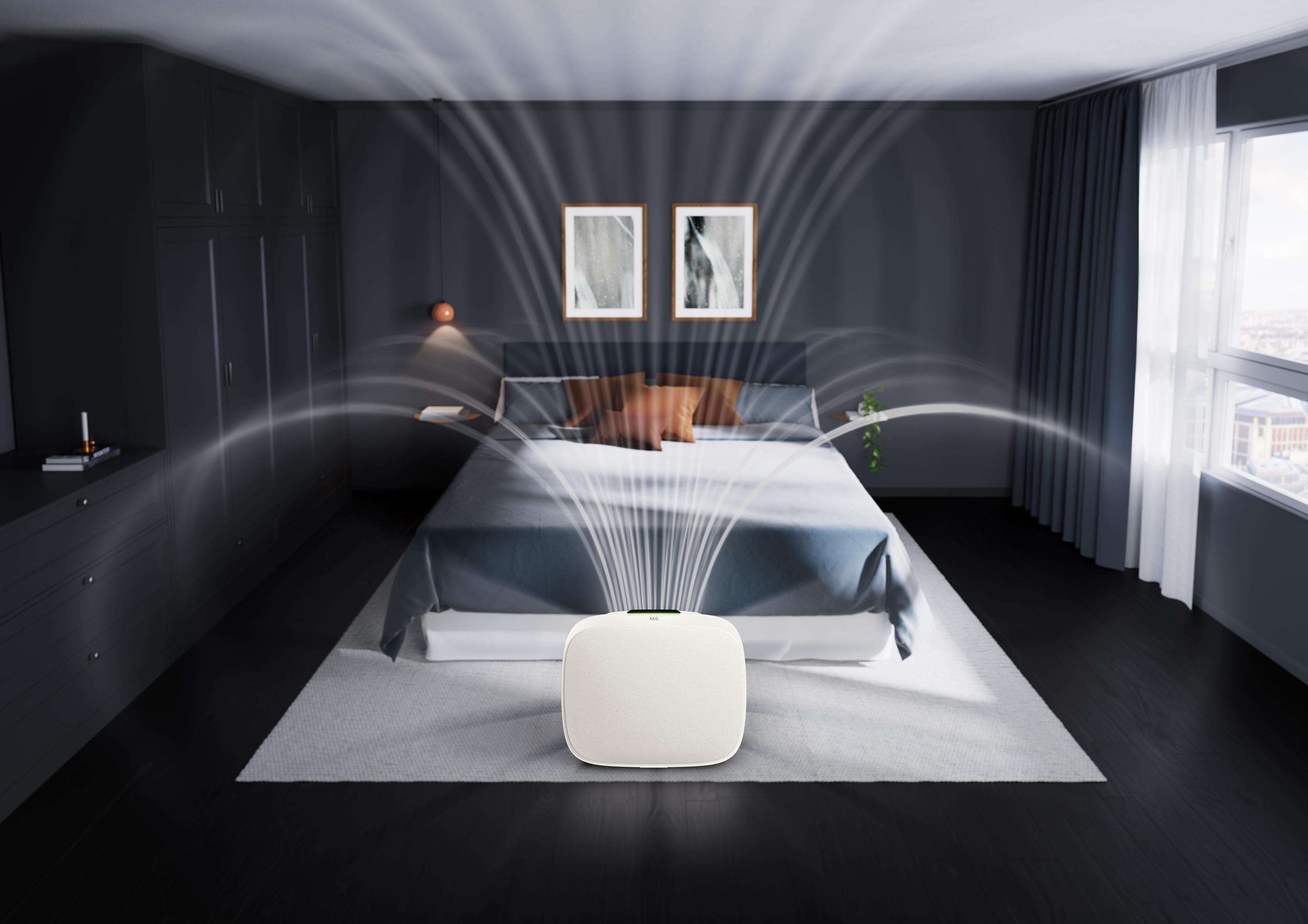 Schlafzimmer mit Luftreiniger. Bett mit Kissen, zwei Bildern, dunklen Wänden und einem Fenster.