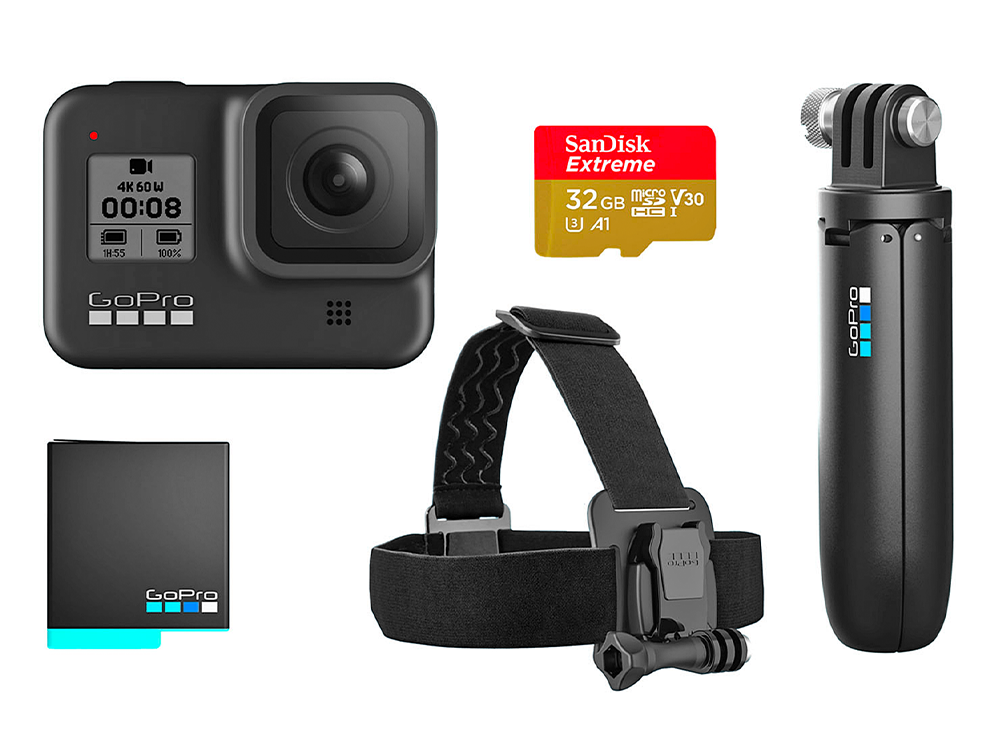 Cámara deportiva - GoPro HERO8 Black, Vídeo 4K60, 12 MP HDR, Slo-Mo 8x, Sumergible 10m + Accesorios