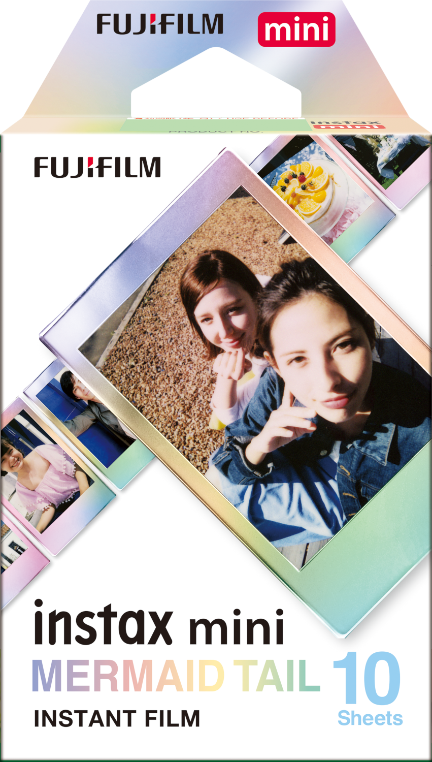 Boîte de film Instax Mini Mermaid Tail. Deux femmes sont sur la photo de couverture. La boîte est blanche et a un motif de queue de sirène.