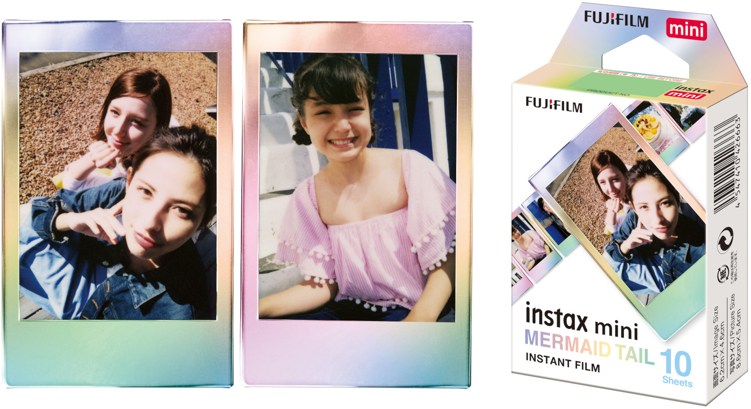 Une boîte de film instax mini à côté de deux photos imprimées.