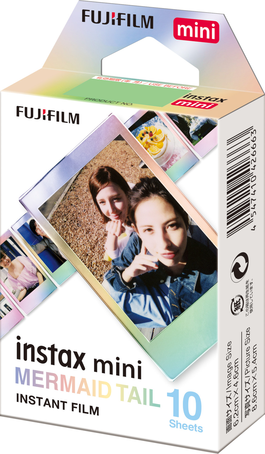 Une boîte de film instantané Fujifilm Instax Mini Mermaid Tail avec des photos exposées.
