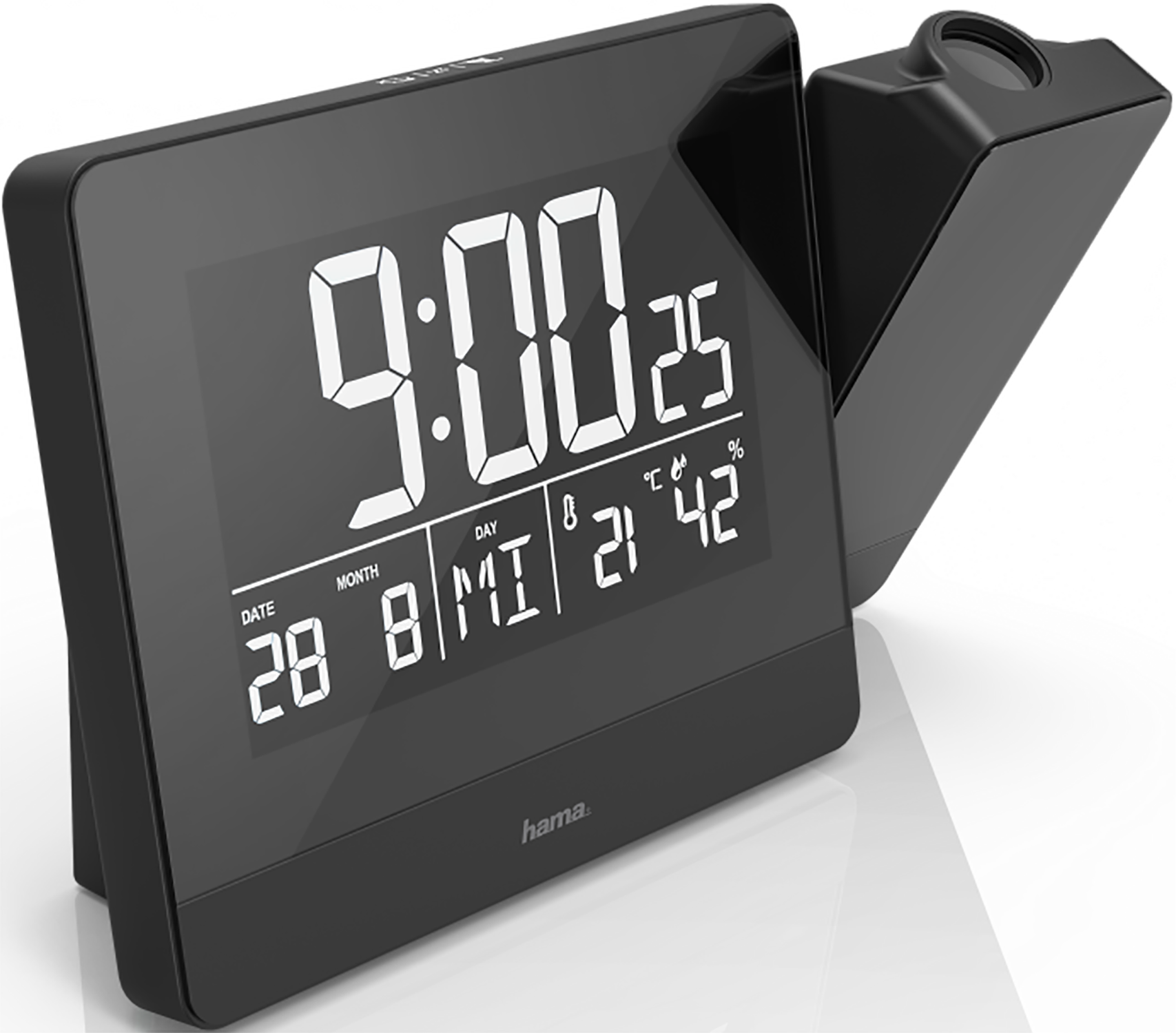 Black digital clock with the time, date and temperature displayed.