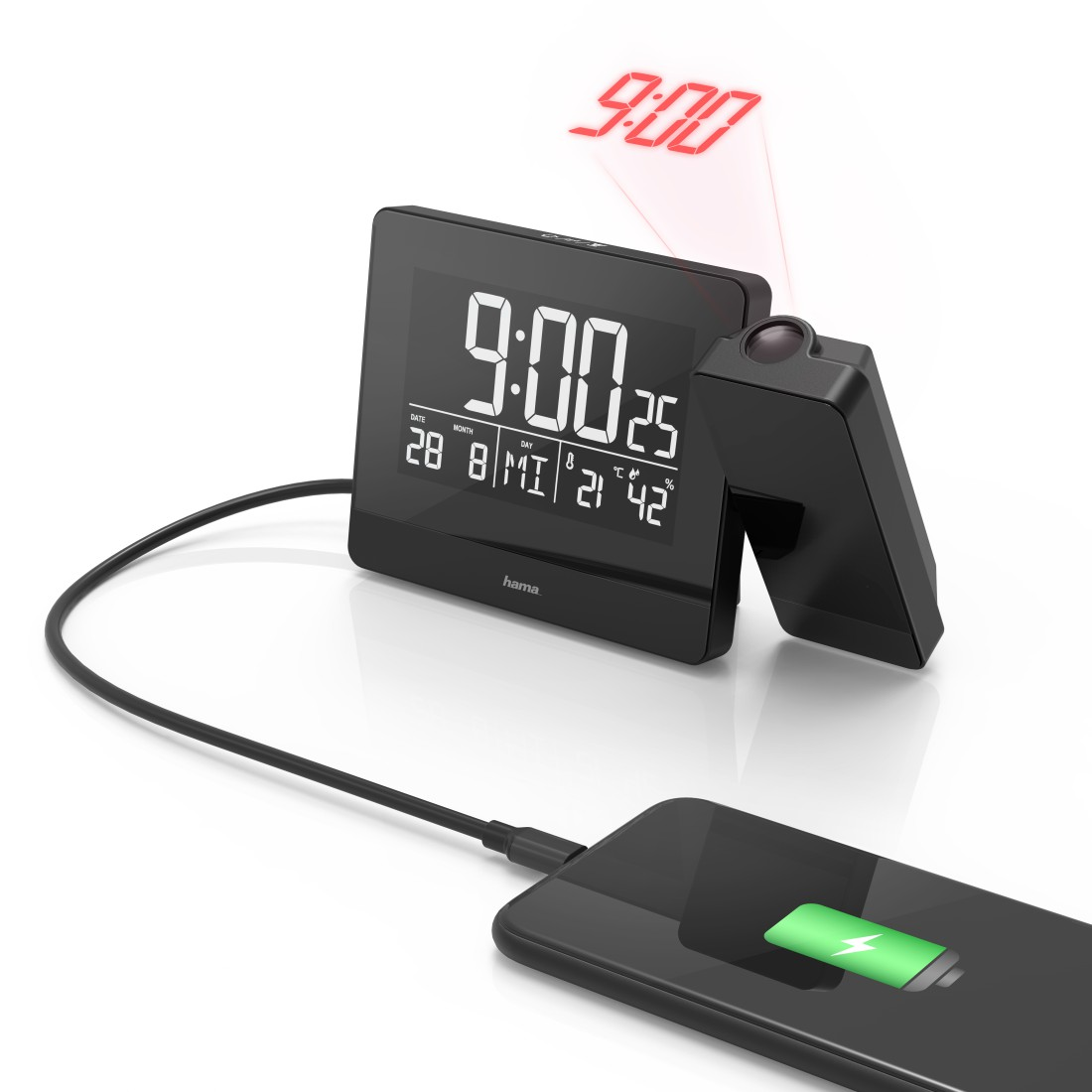 A black clock with charging phone.