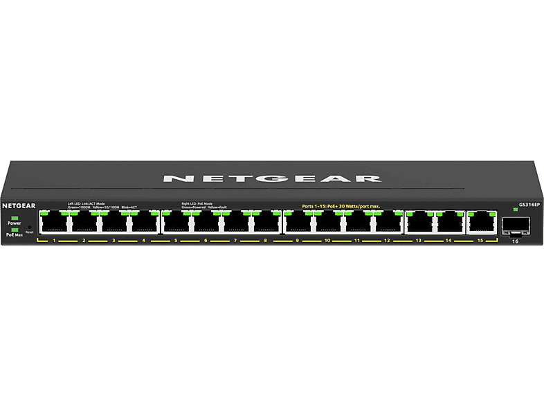 NETGEAR Switch GS316EP, 15x PoE+ mit 180W, 1x SFP, Managed, Schwarz — Foto 2 von 5