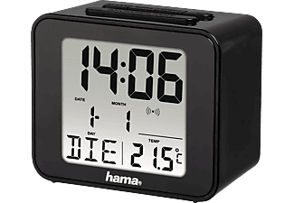 Hama Wekker met batterij, wekker met digitale radioklok, stil, klein, wekkerradio met verlichting, speedalarm, snooze, temperatuur, datum, 6,5 x 2,1 x 6,5 cm, ideale reiswekker, zwart