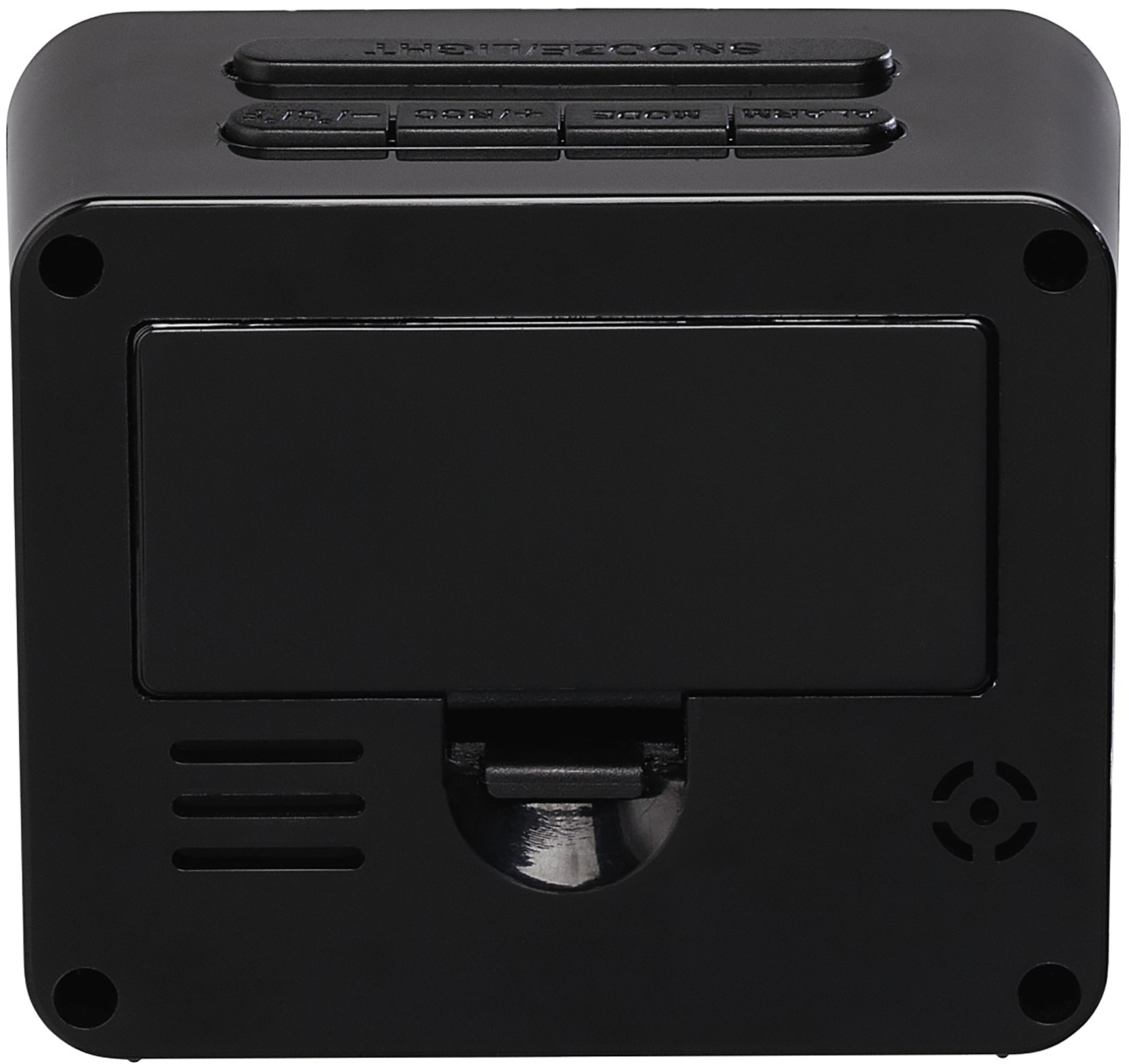 Een zwarte, vierkante wekker, vooraanzicht met knoppen en een batterijklep.