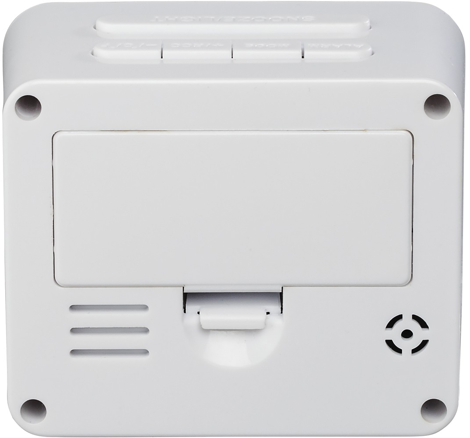 White cube-shaped alarm clock with buttons, a battery compartment, and a speaker.