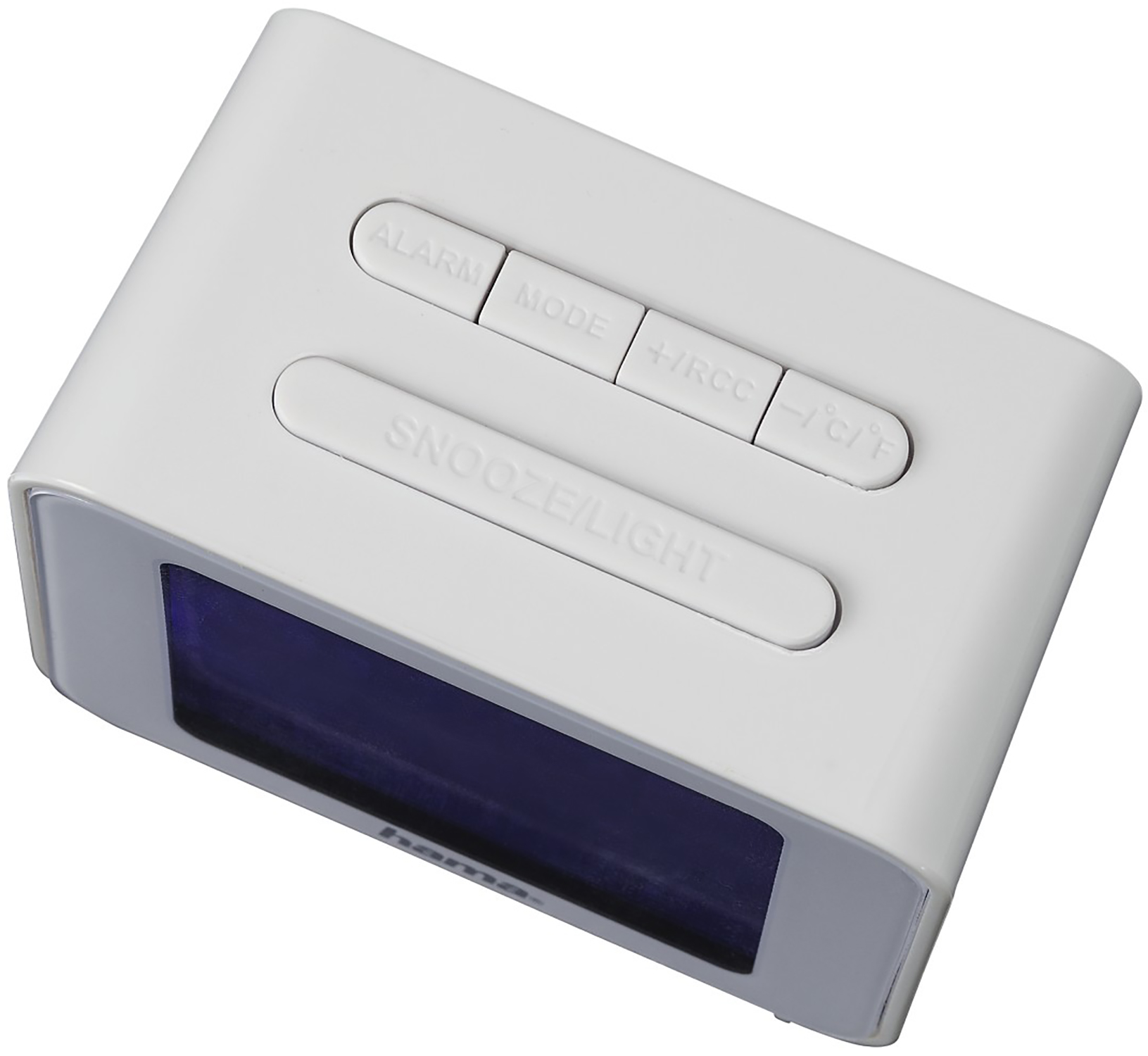 White digital alarm clock with buttons and display.