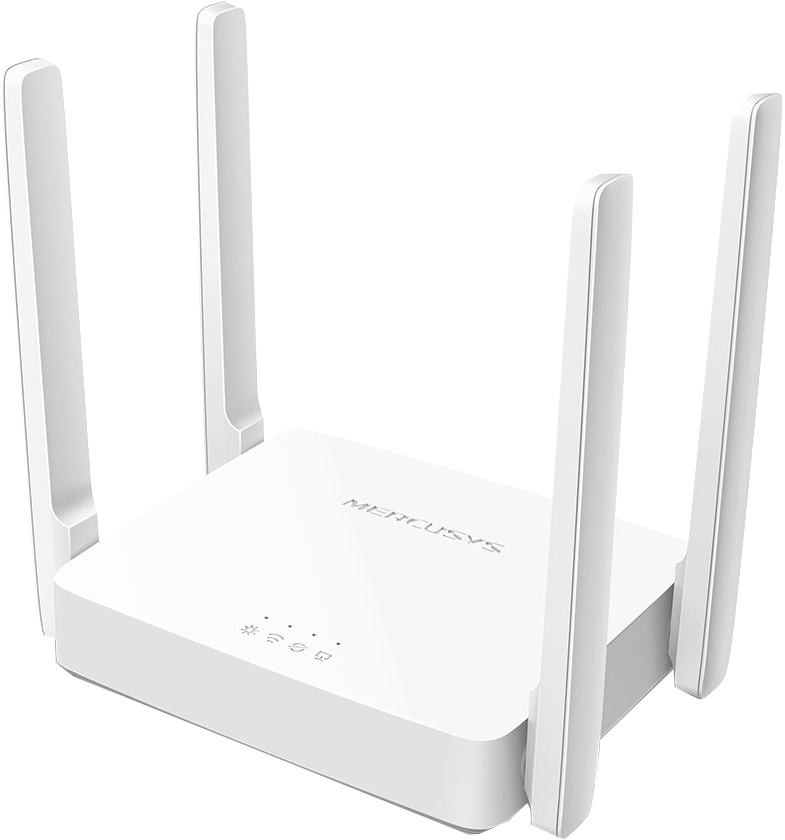 Egy fehér router négy antennával fehér háttéren.