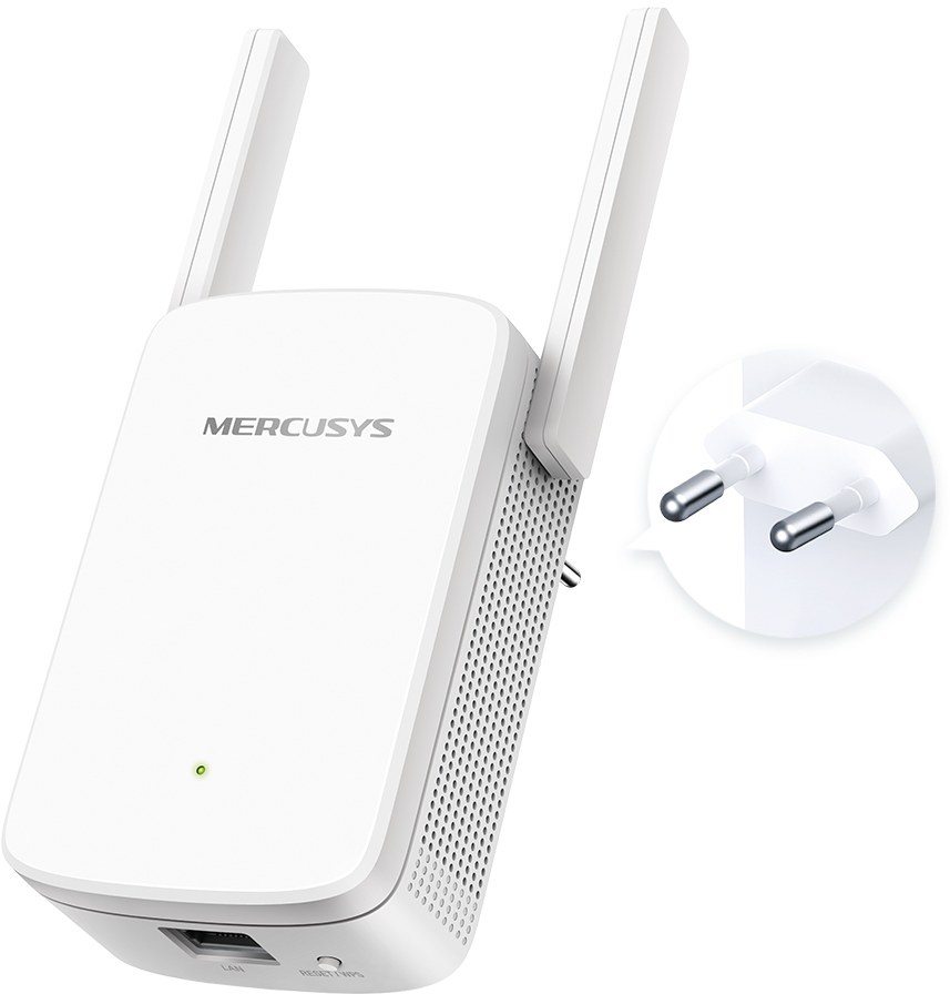 Egy fehér Mercusys WiFi hatótávolság-bővítő két antennával és dugóval.