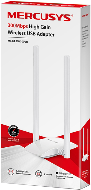 Egy Mercusys vezeték nélküli USB adapter a termékdobozban.