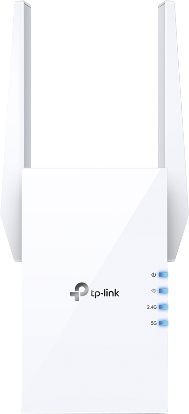 Fehér TP-Link WiFi jelerősítő két antennával és kék jelzőfényekkel fehér felületen.