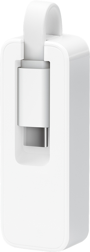 Fehér adapter USB-C kábellel, függőlegesen fehér háttéren bemutatva.