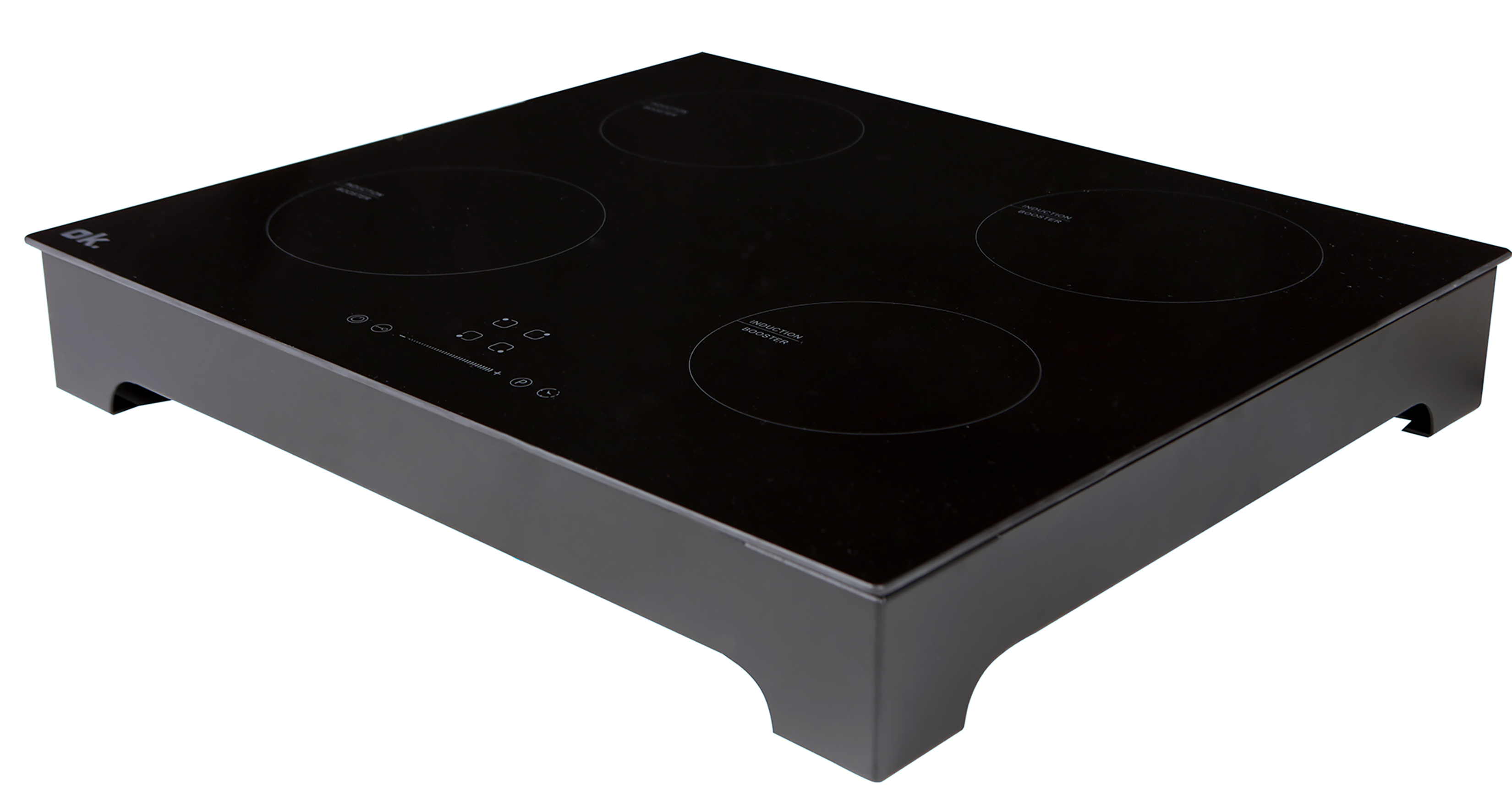 Black ok. induction cooktop with four cooking zones. Black frame and control buttons.