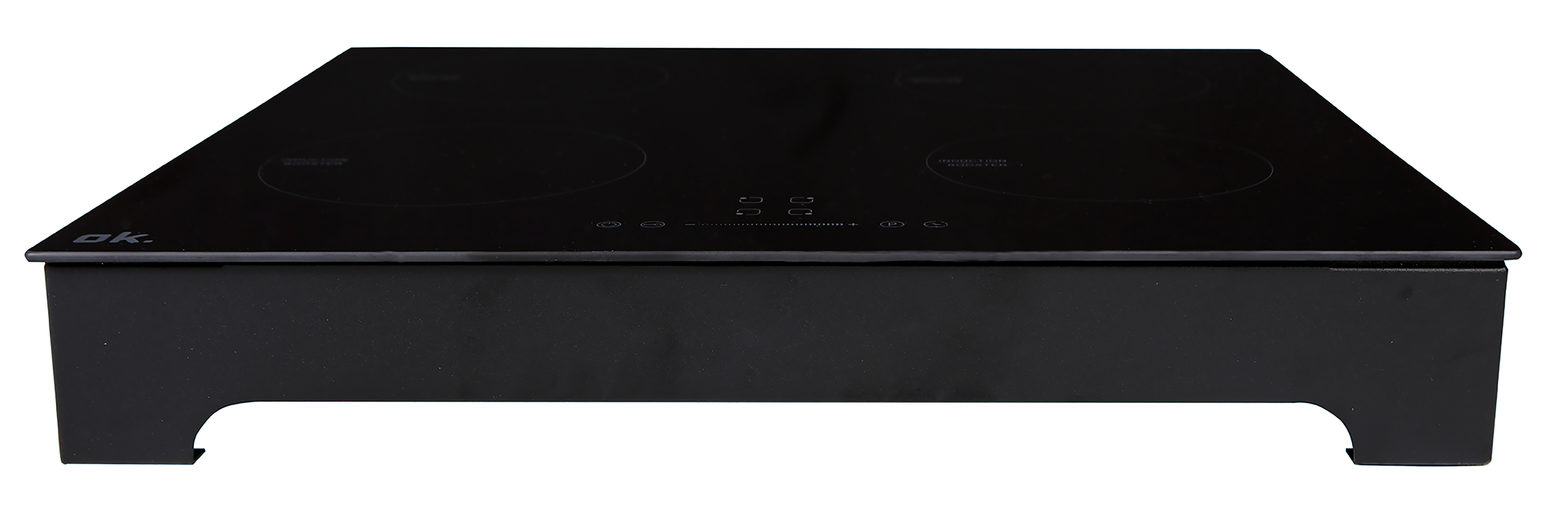 Black ok. induction cooktop with two cooking zones and control buttons. Black frame.