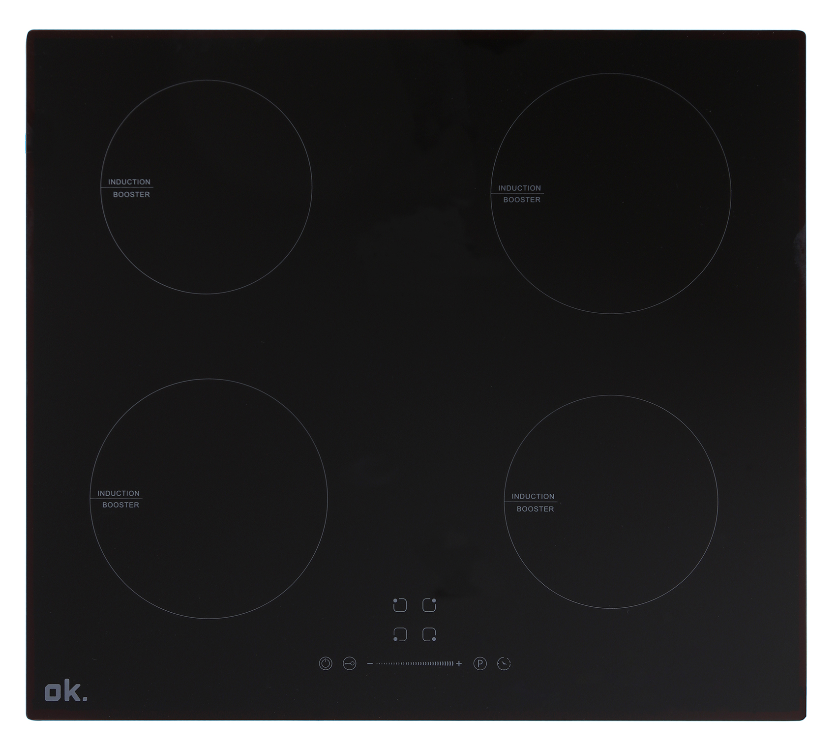 Black induction cooktop with four circular burners and control buttons.