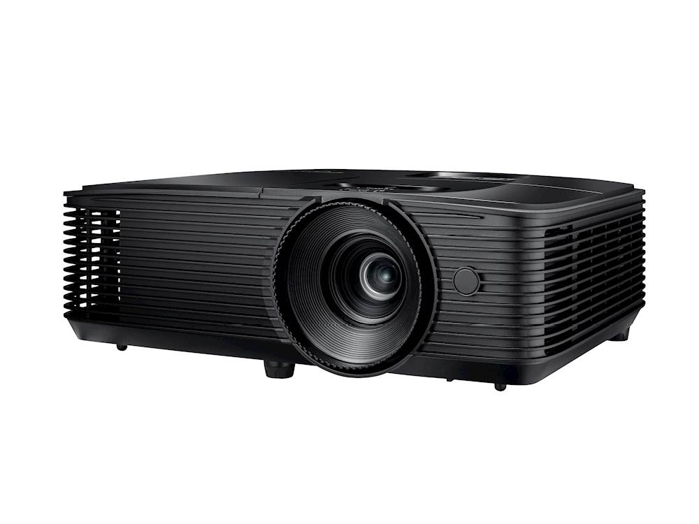 Proyector negro con lente y cuerpo acanalado.