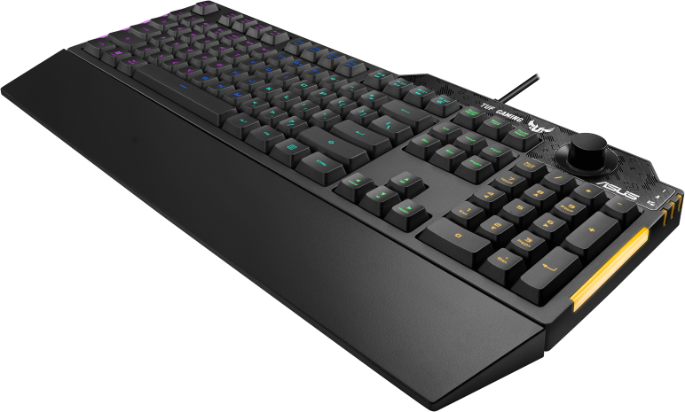 Fekete gamer billentyűzet különböző színű gombokkal és hangerő szabályzóval.