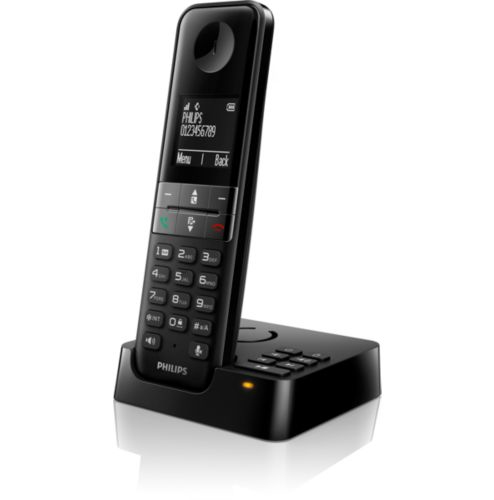 Schwarzes Philips-Telefon auf Ladestation. Der Bildschirm zeigt eine Nummer.