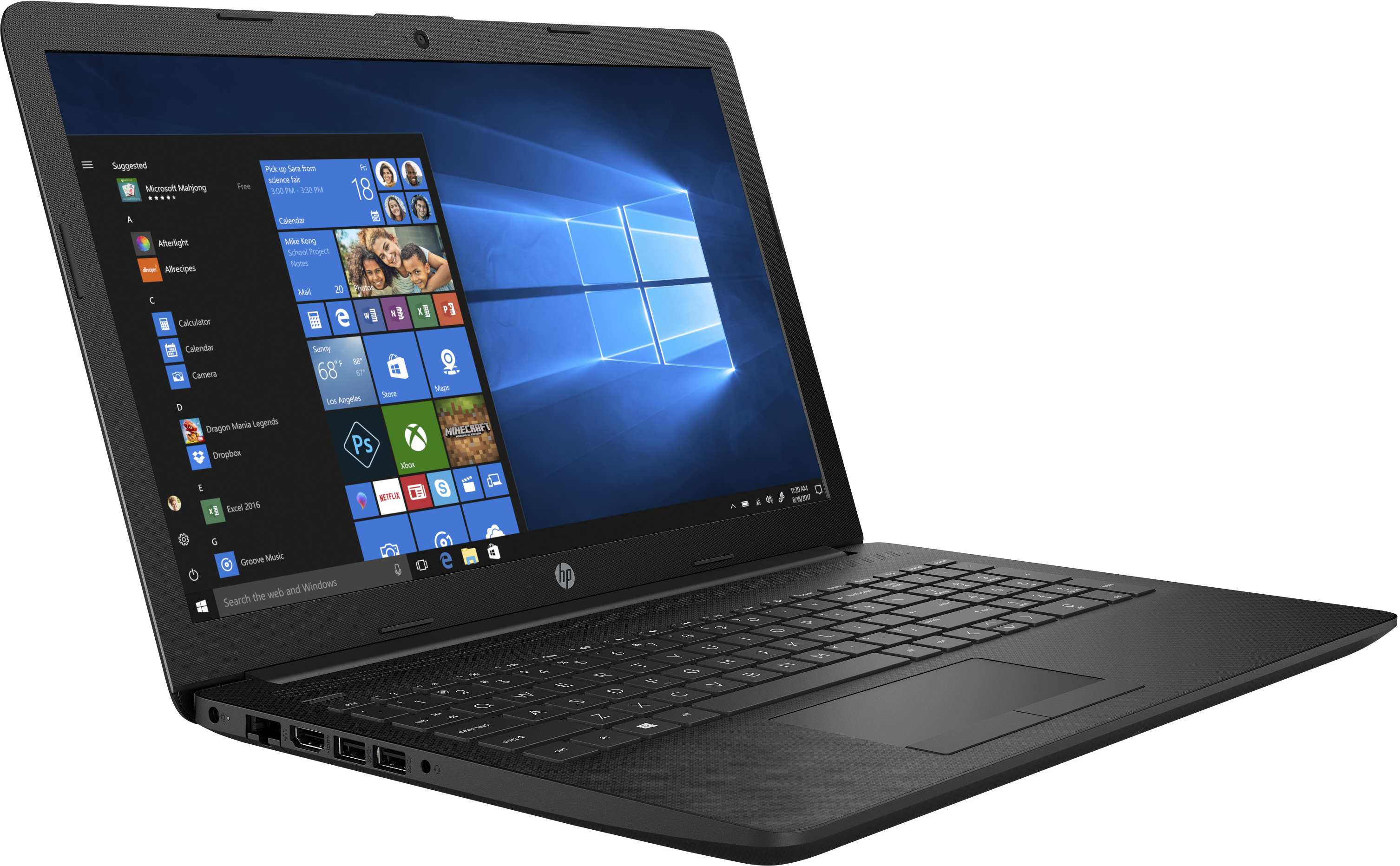 Ein schwarzer Laptop mit offenem Bildschirm zeigt das Windows 10 Startmenü und den Desktop.
