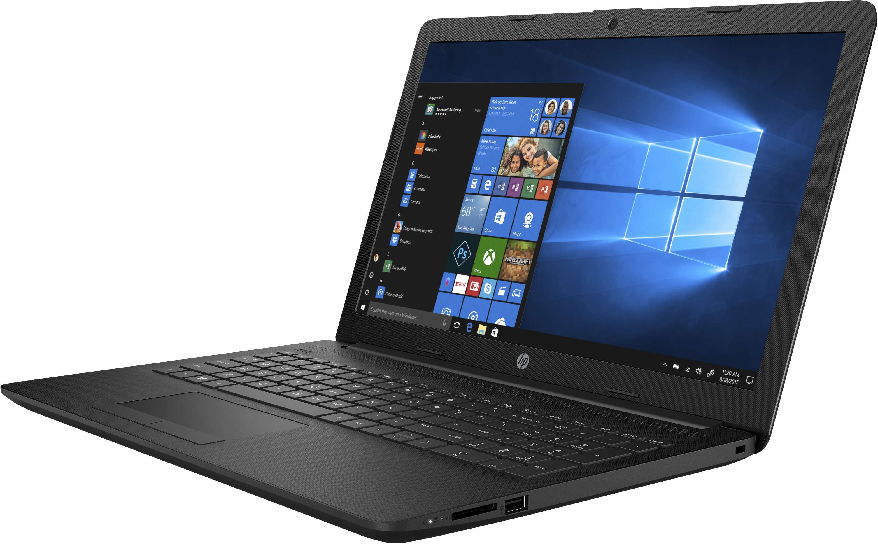 Ein schwarzer HP-Laptop mit Windows 10 auf dem Bildschirm steht auf einer glatten Oberfläche.