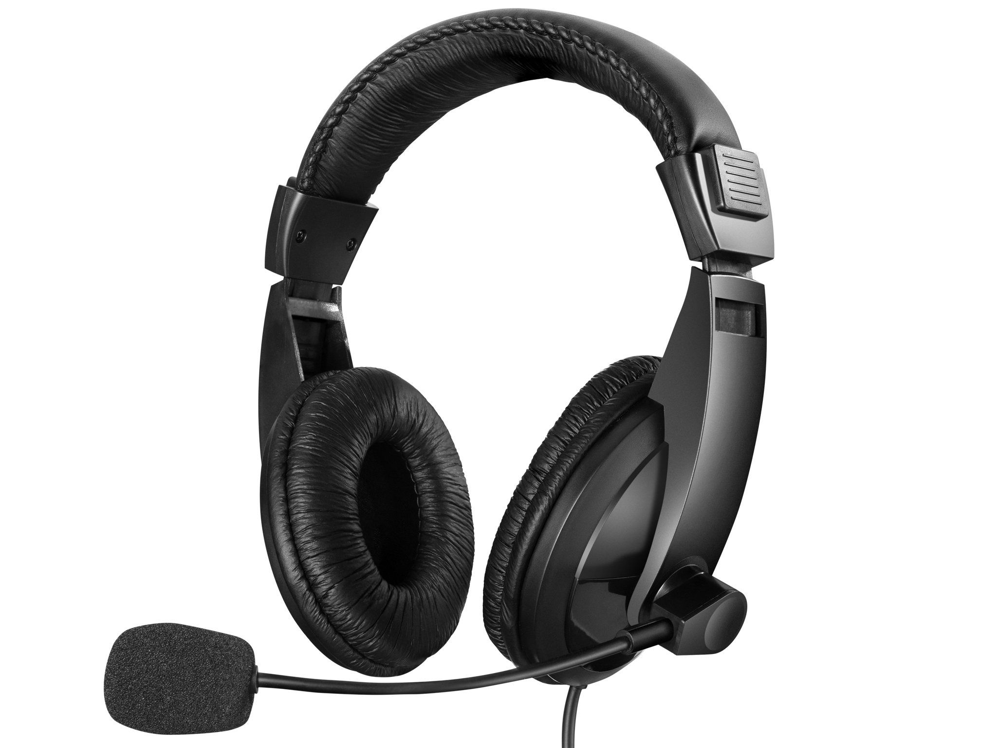 Black headphones with a microphone, close-up shot on a white background, studio lighting.