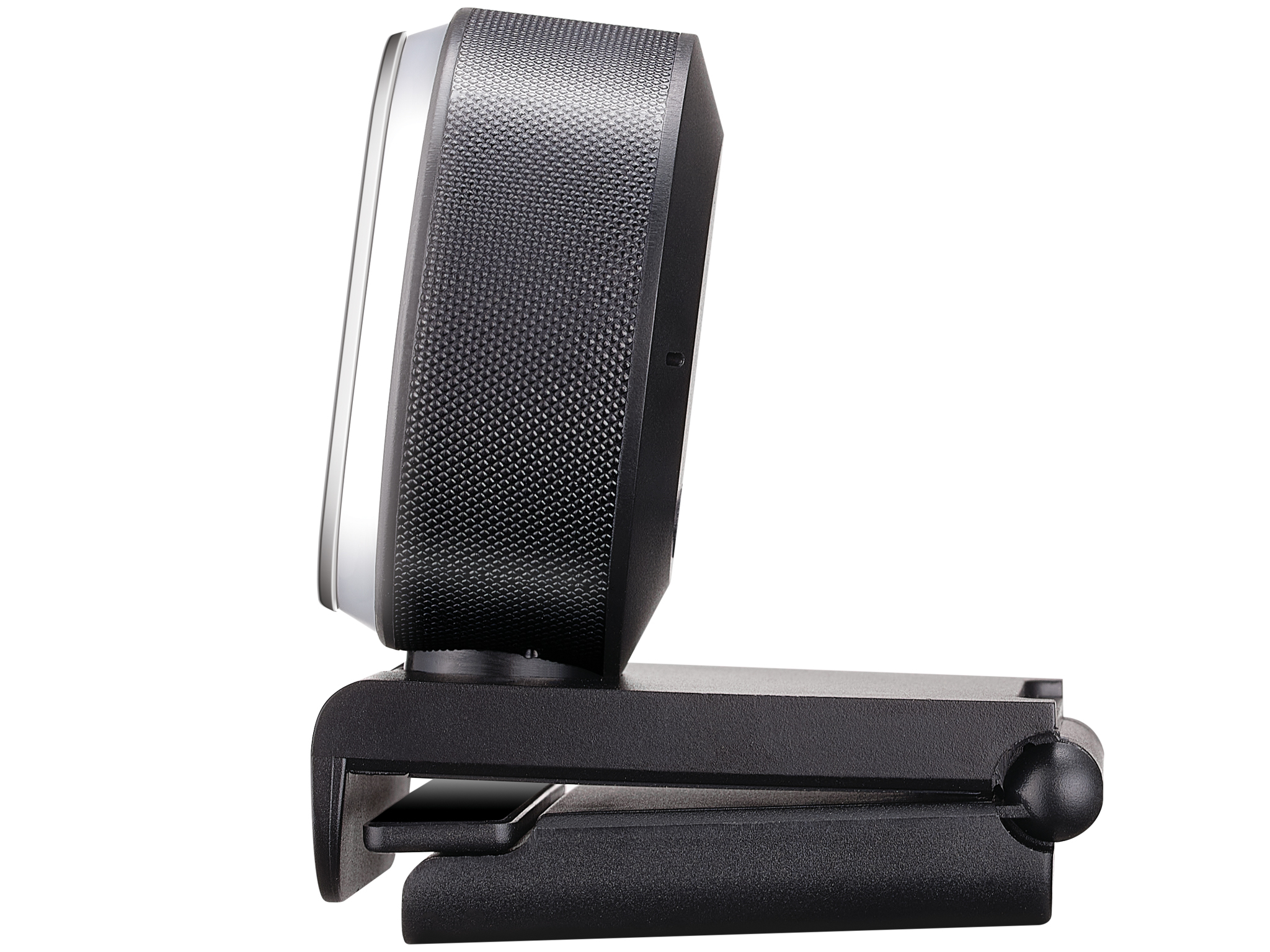 Black webcam with a silver ring, mounted on a black stand.