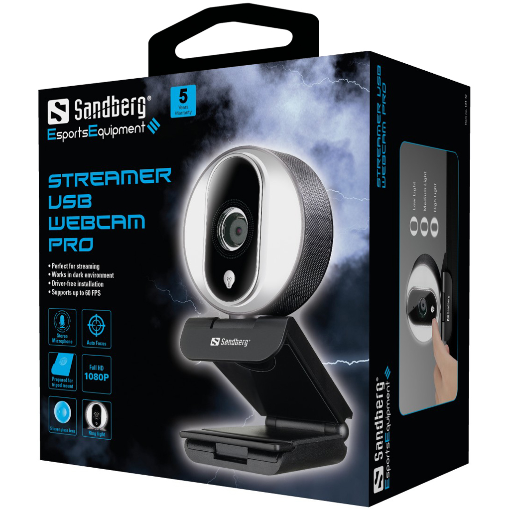 Sandberg webcam box. It shows the webcam and its features: stereo mic, auto focus, and more.