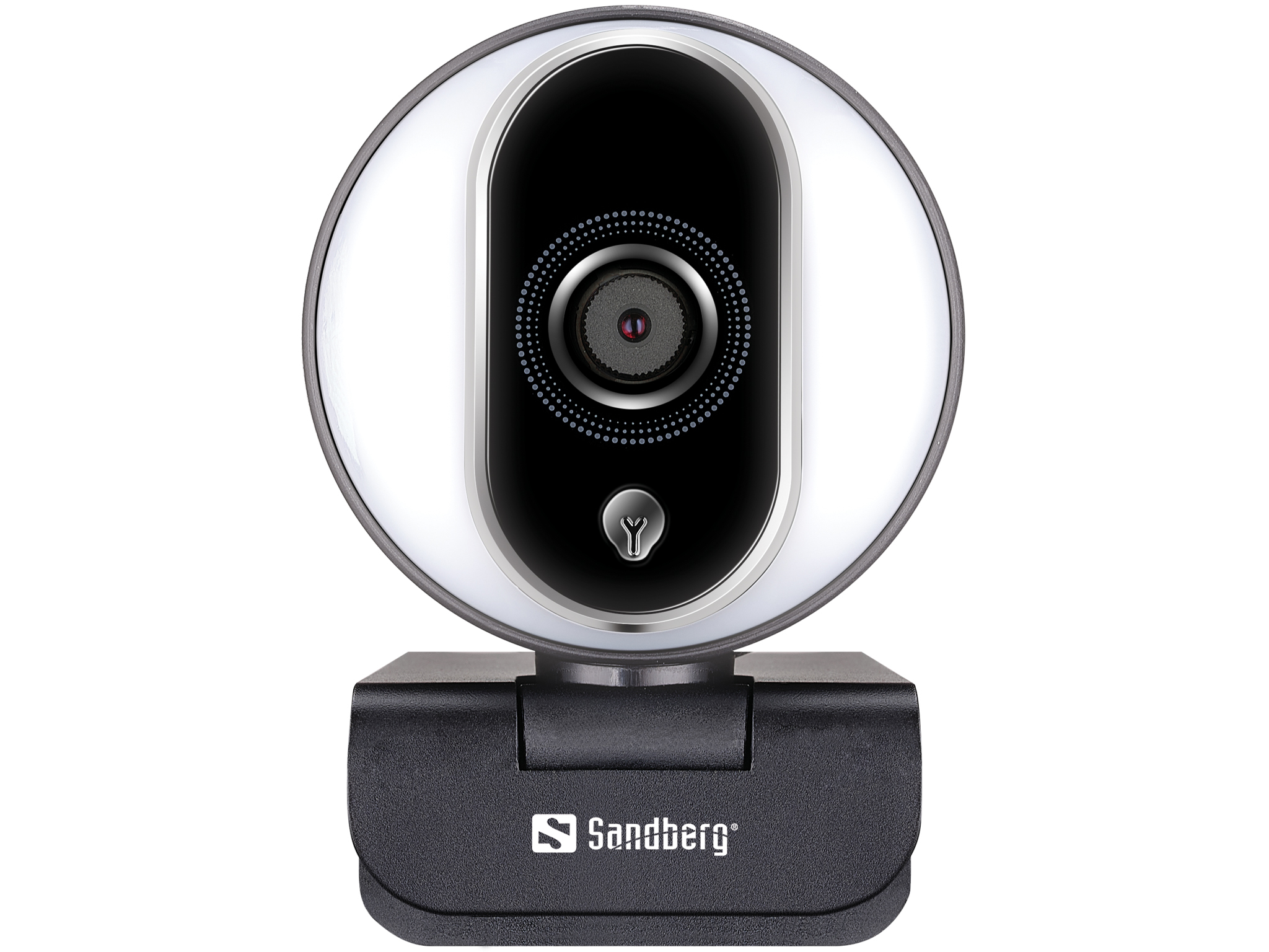 A webcam with a ring light around the lens, on a black stand.