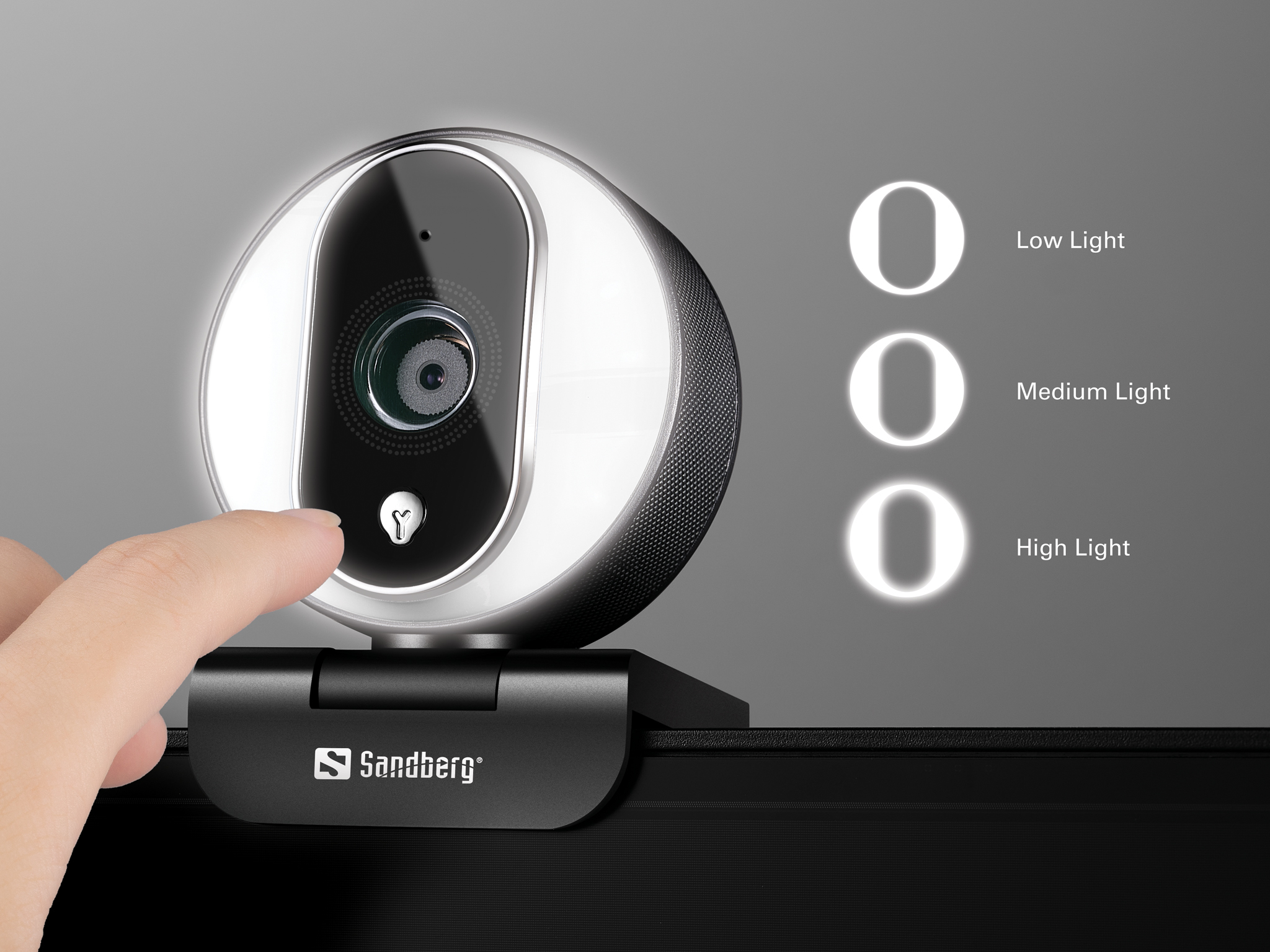 A webcam with a ring light, a finger touching the power button, and light settings.
