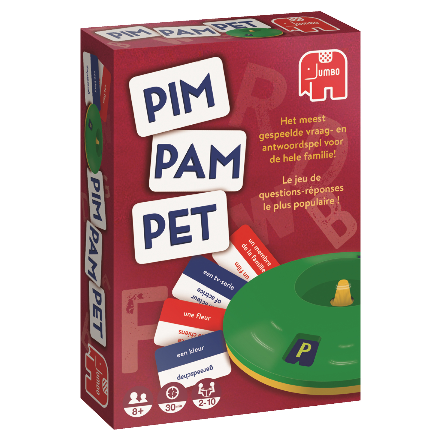 Een speldoos met de woorden "Pim Pam Pet". Het heeft kaarten, een groene spinner en het Jumbo-logo. Rode achtergrond.