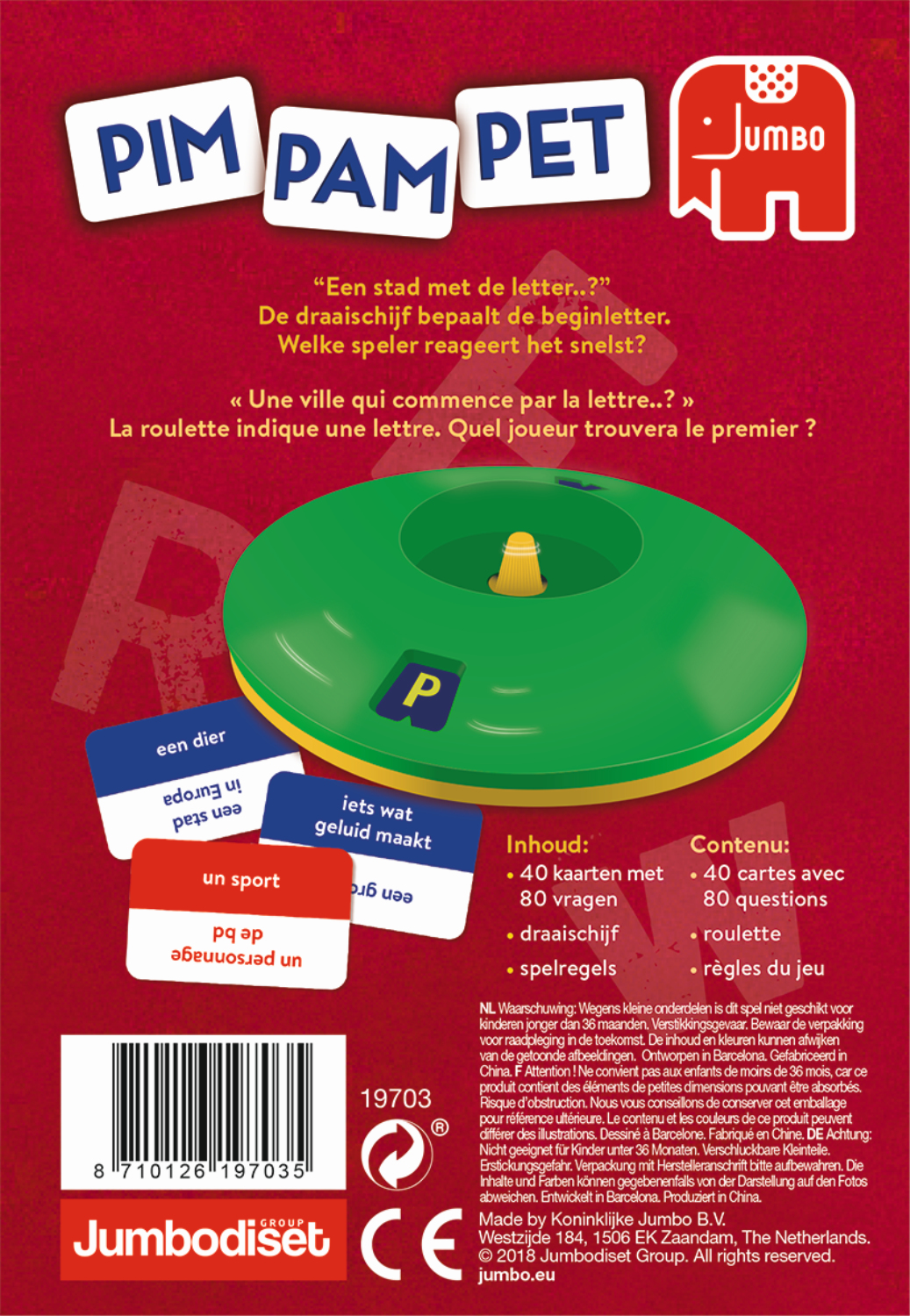 Spelbox met groene draaischijf, kaarten en rood Jumbo logo.