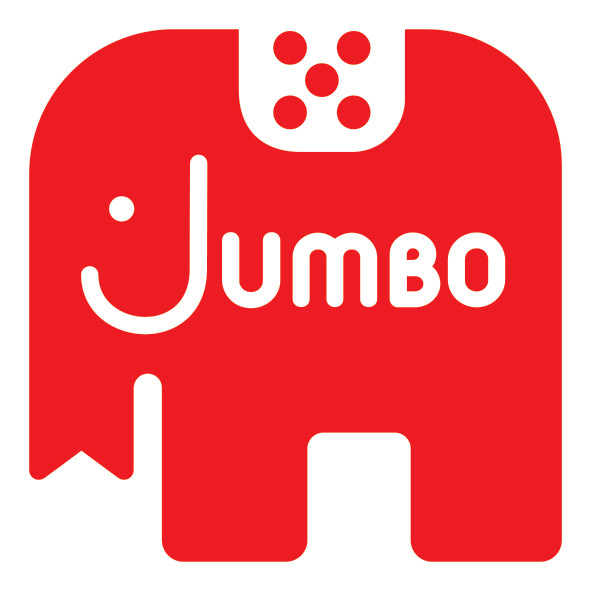 Rode olifantvorm met witte 'Jumbo'-tekst. Witte stip en 5 witte cirkels. De olifant heeft een lachend gezicht.