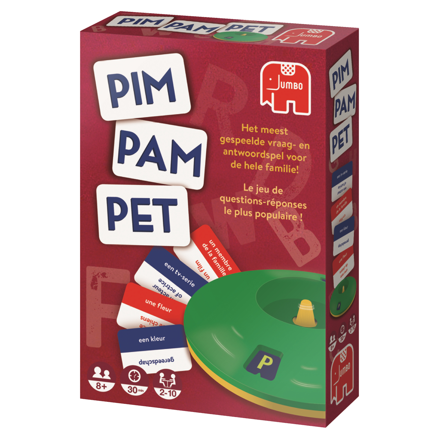 Een speldoos getiteld 'PIM PAM PET' met een groen en geel speelstuk. Bevat kaarten met woorden en het Jumbo logo.