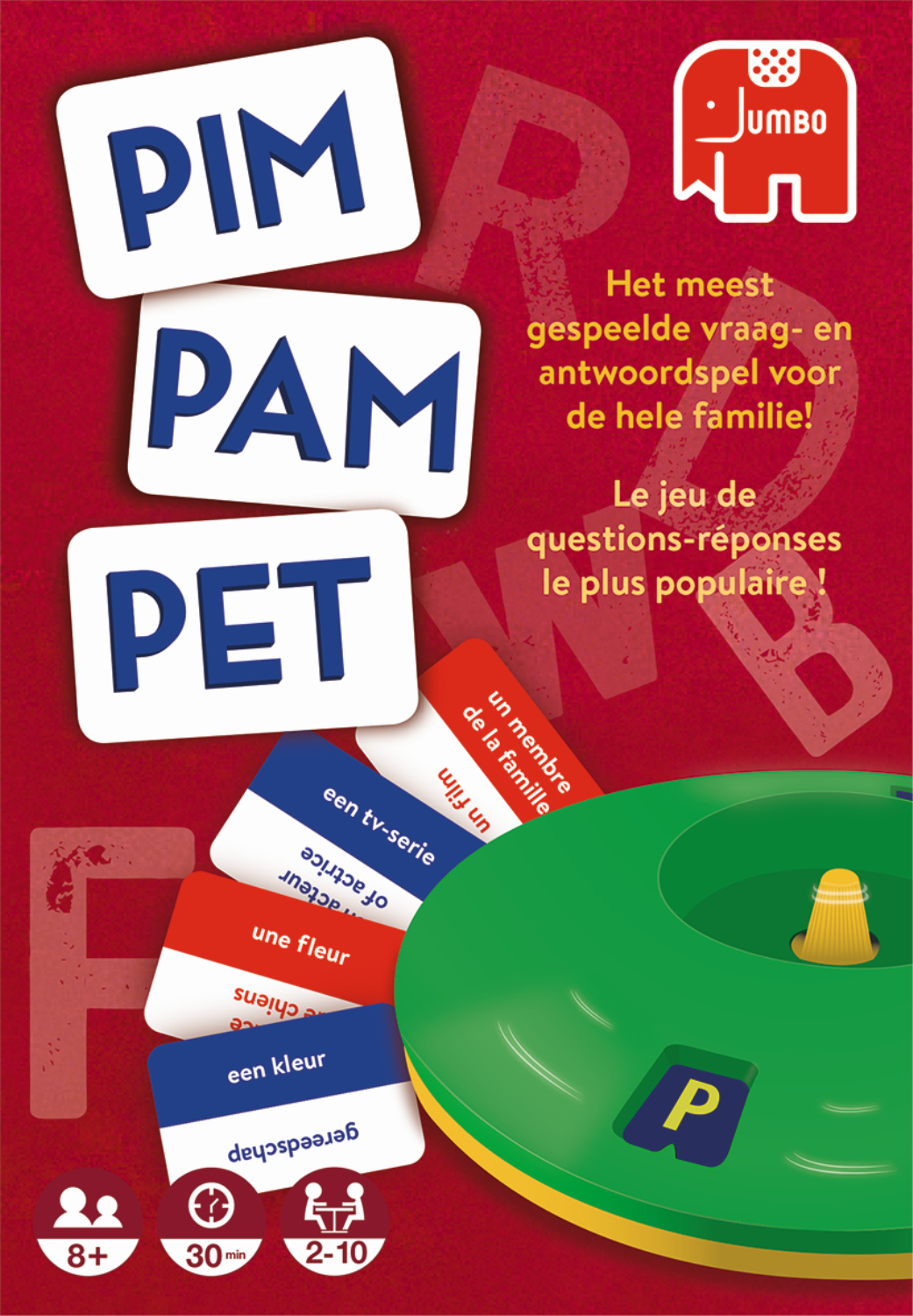 Spelbox met 'PIM PAM PET' titels, Jumbo logo, kaarten met woorden. Groene en gele spelbasis. Rode achtergrond.