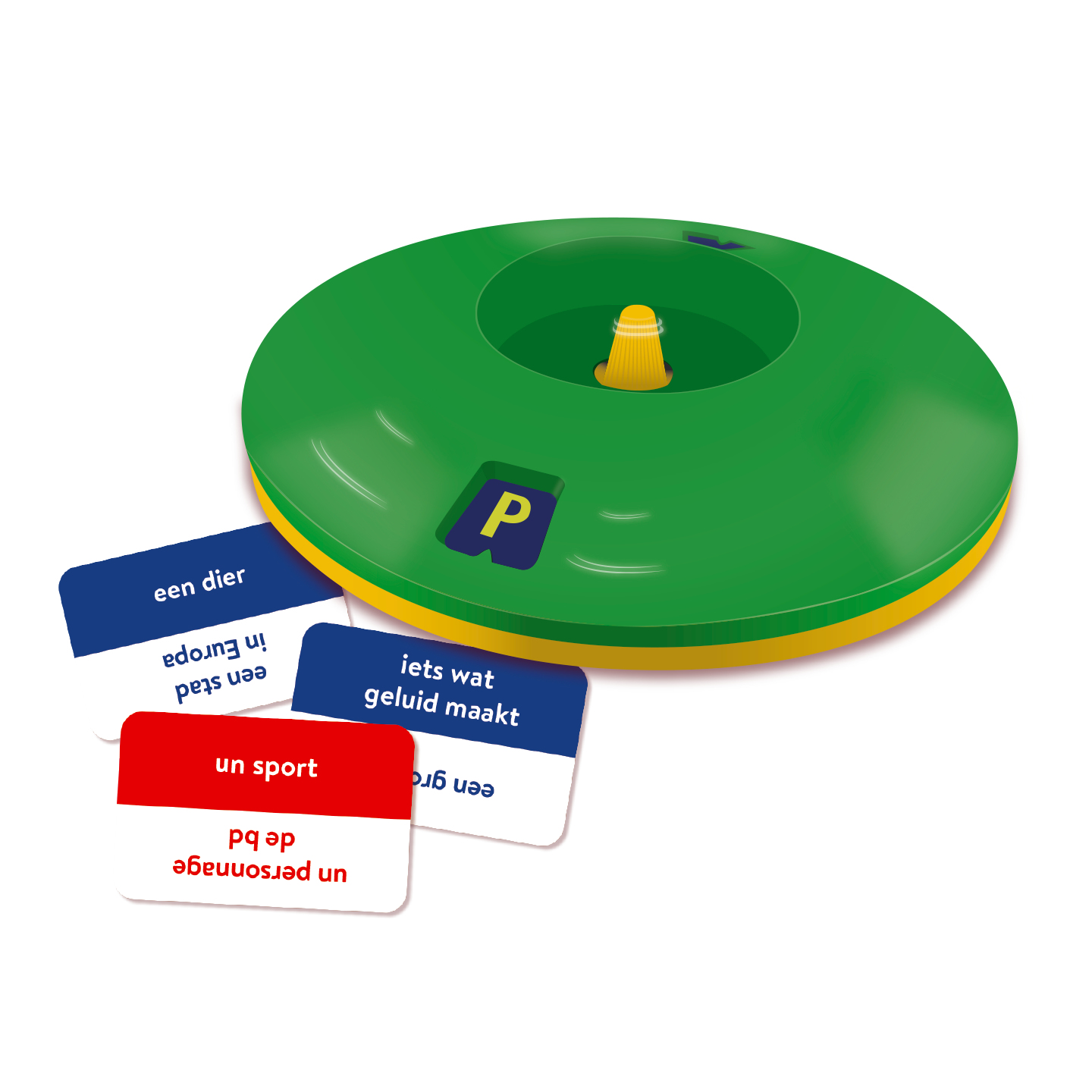 Een groen en geel spel met kaarten. Kaarten hebben woorden in verschillende talen. Het spel heeft een gele kegel in het midden.