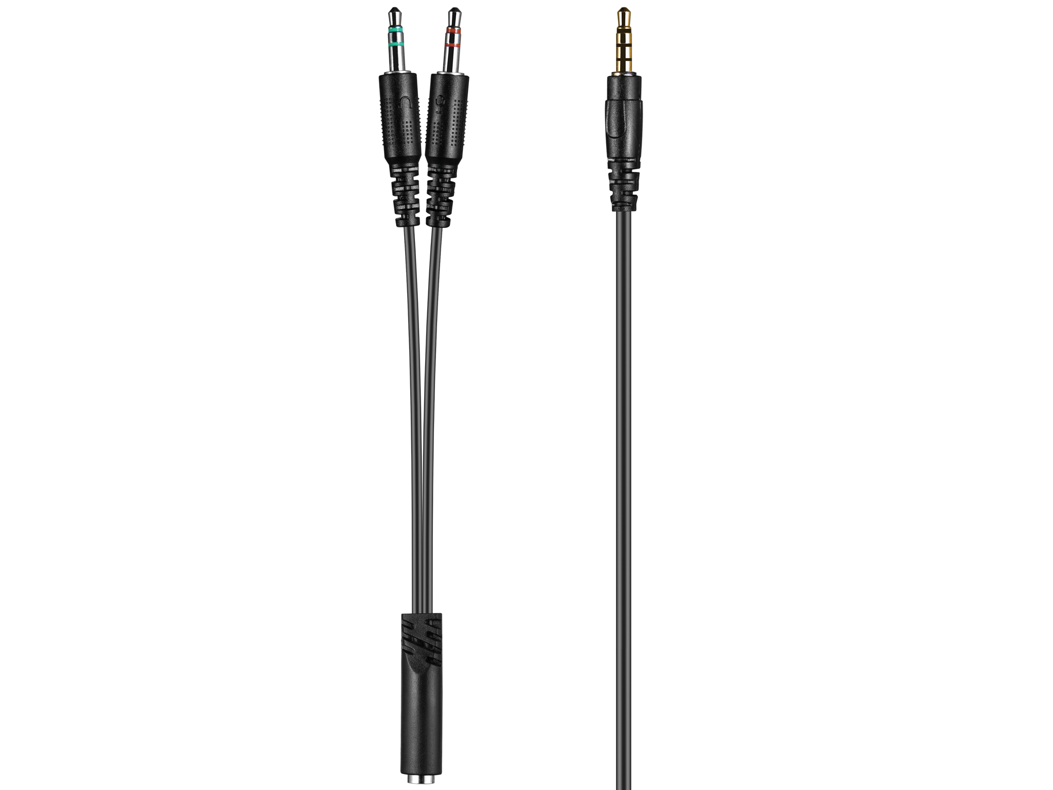 A black audio cable with two green and red plugs splitting into a 3.5mm jack.