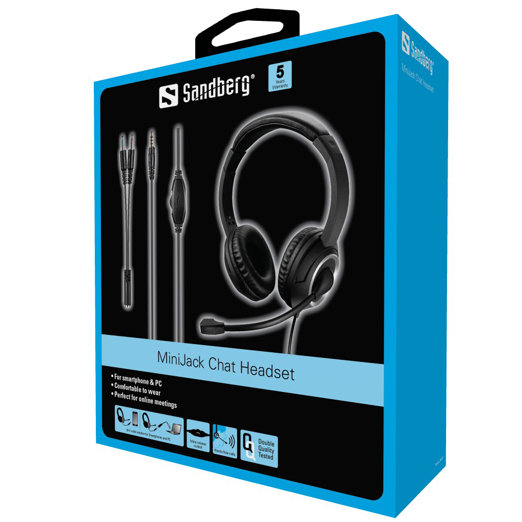 A blue box with a headset image. The text says: MiniJack Chat Headset, and info below.