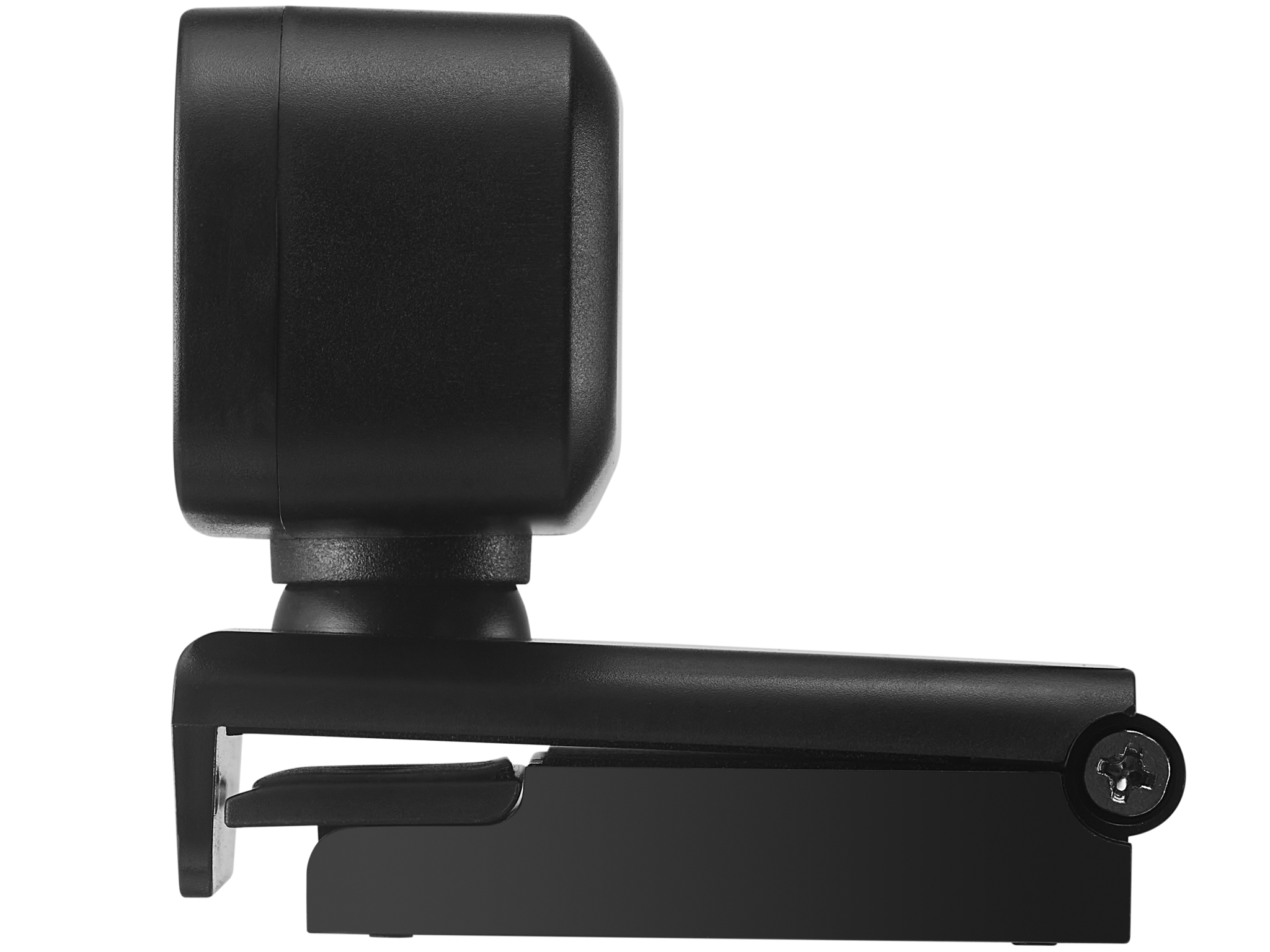 A black webcam, side view, on a white background.