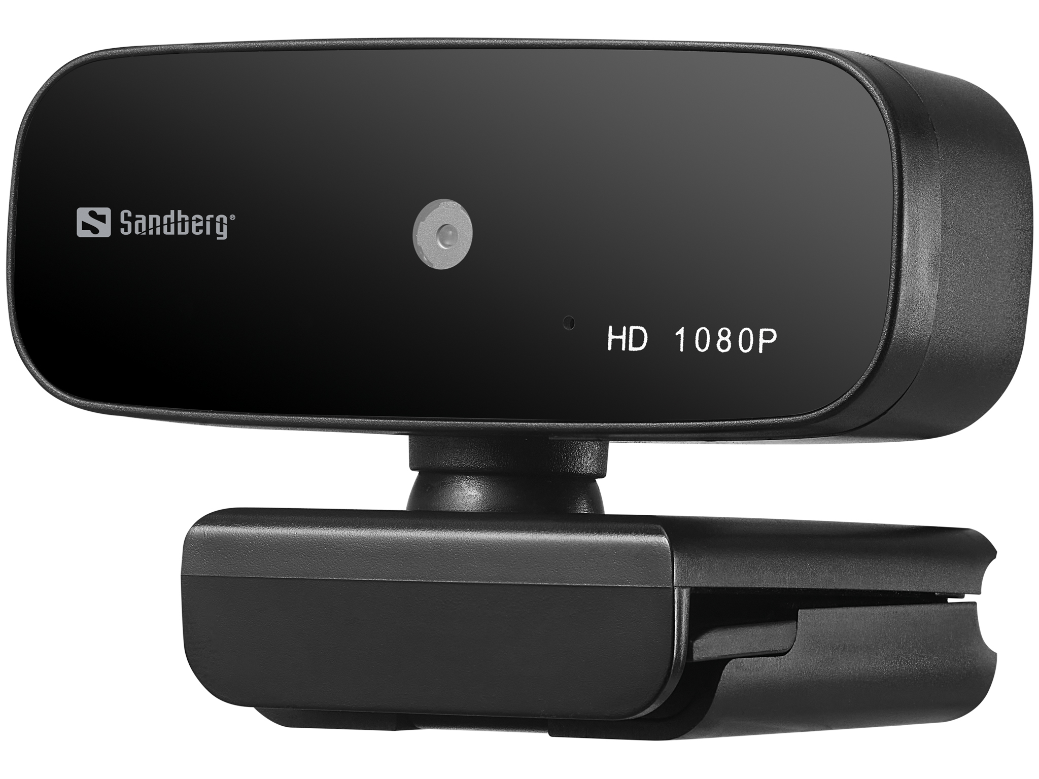 A black webcam with HD 1080P text. It is mounted on a black stand.